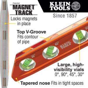 Klein Tools 935AB4V Level, 6-Inch Magnetic Torpedo and Conduit Level with 0/30/45/90 Degree Vials, V-Groove and Magnet Track, High Visibility Orange