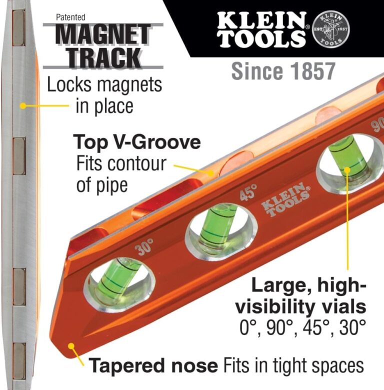 Klein Tools 935AB4V Level, 6-Inch Magnetic Torpedo and Conduit Level with 0/30/45/90 Degree Vials, V-Groove and Magnet Track, High Visibility Orange
