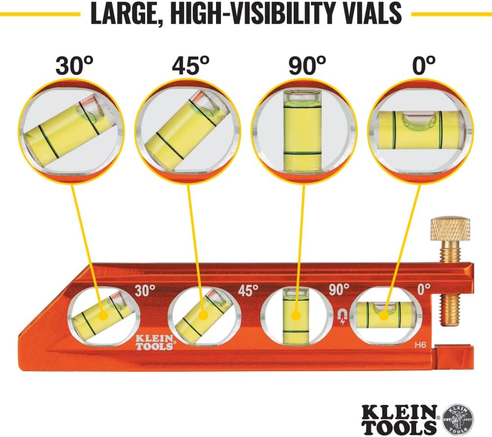 Klein Tools 935AB4V Level, 6-Inch Magnetic Torpedo and Conduit Level with 0/30/45/90 Degree Vials, V-Groove and Magnet Track, High Visibility Orange - Image 4