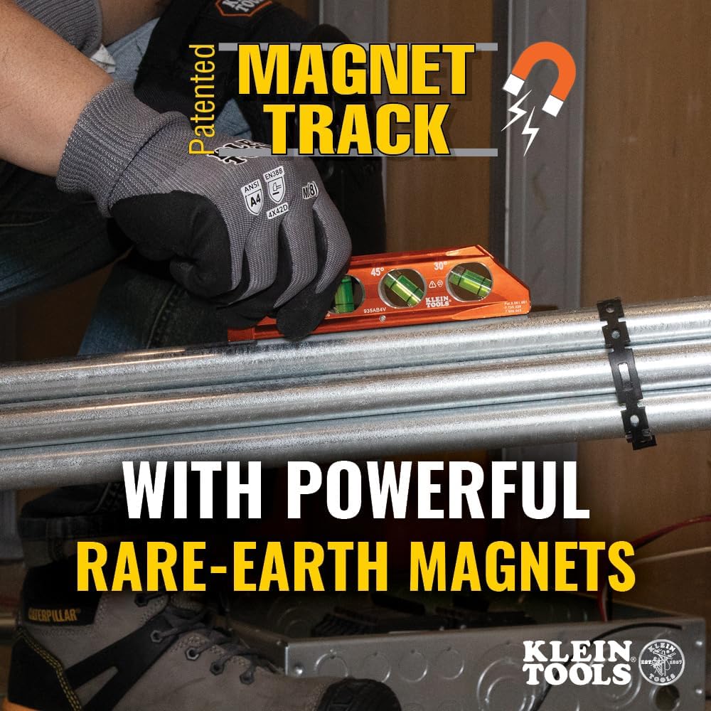 Klein Tools 935AB4V Level, 6-Inch Magnetic Torpedo and Conduit Level with 0/30/45/90 Degree Vials, V-Groove and Magnet Track, High Visibility Orange - Image 6