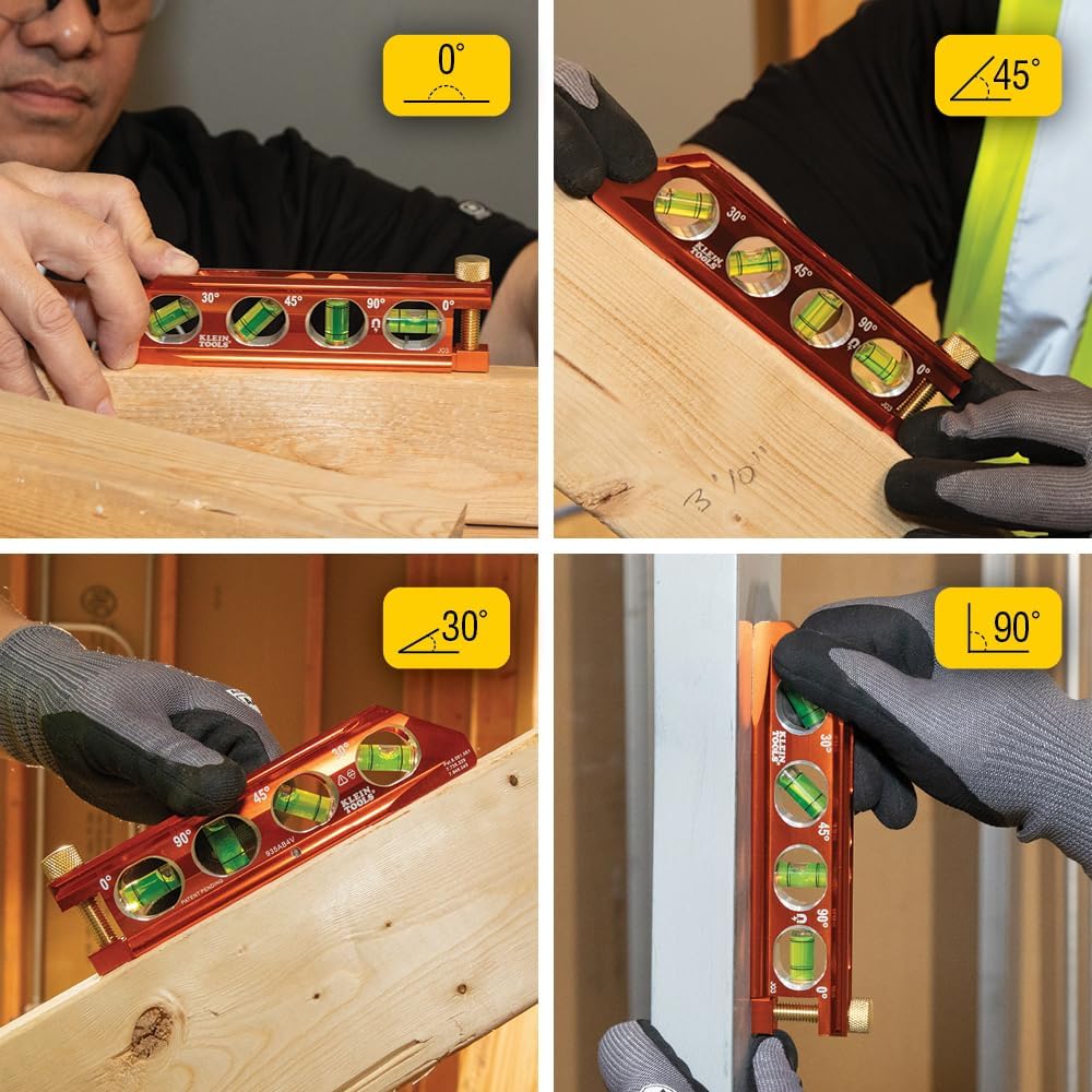 Klein Tools 935AB4V Level, 6-Inch Magnetic Torpedo and Conduit Level with 0/30/45/90 Degree Vials, V-Groove and Magnet Track, High Visibility Orange - Image 7