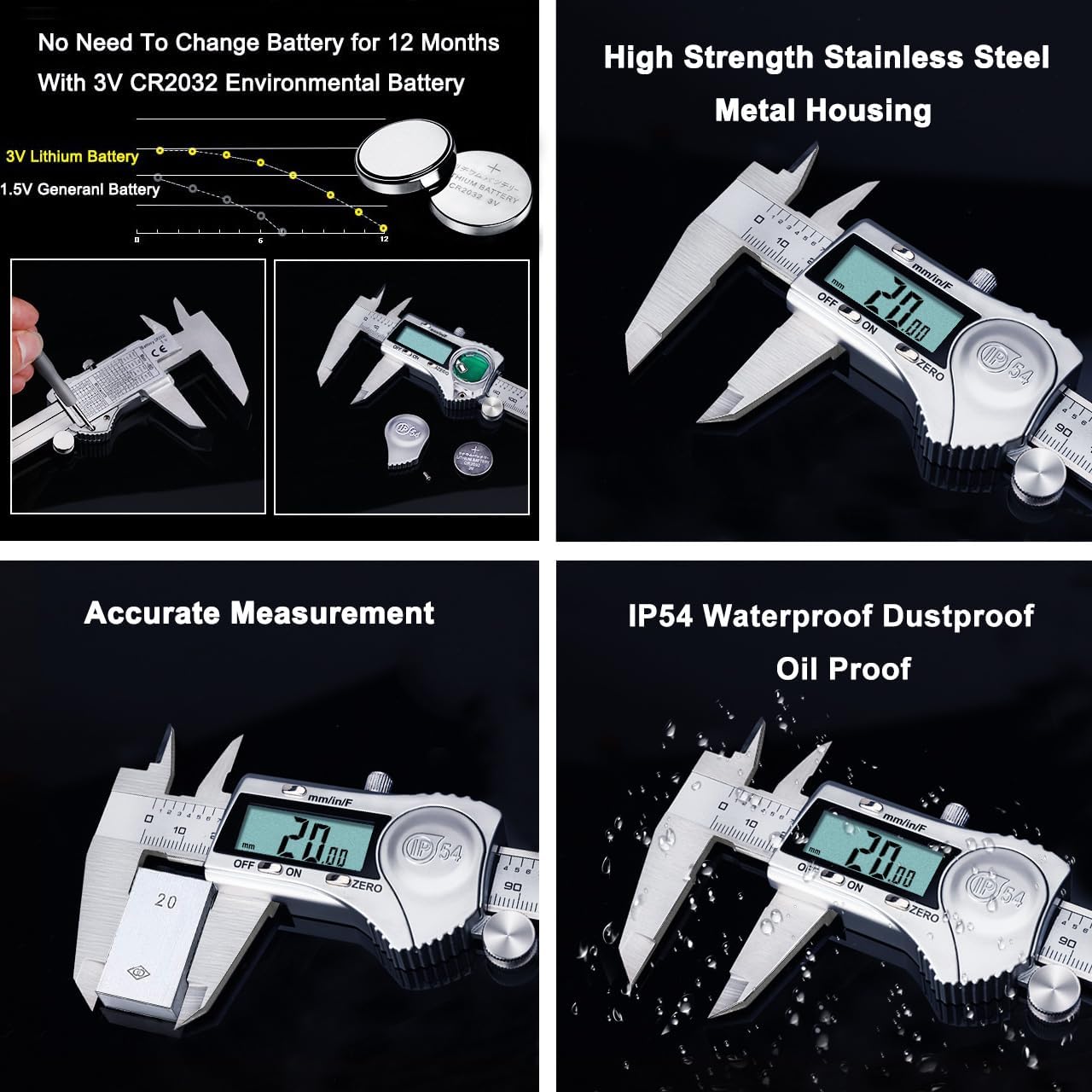 Kynup Digital Caliper 6 Inch Measuring Tool, Professional Stainless Steel Electronic Micrometer with Large LCD Screen, Vernier Caliper, Inch Metric Fraction Conversion, Auto-Off, IP54 Splash Proof - Image 3